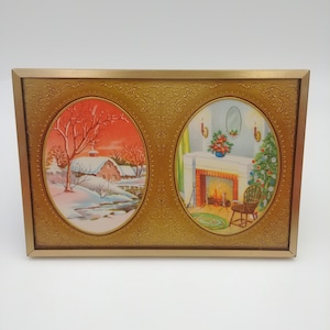 Vintage Ingelijste 1940's Kerstkaart - Binnen en buiten met Kerstmis