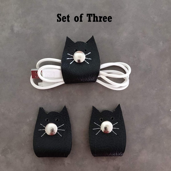 Cord Organizers, Cat Cord Wraps, Leather Cord Wraps, Cord Holders, Cord Keeper, Leather Cable Tie, Travel Gift, Cat Lovers Gift, Earbud Wrap