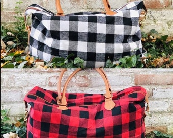 Sports Gym Duffel Barrel Bag Black Red Plaid Tartan Travel Luggage Handbag for Men Women