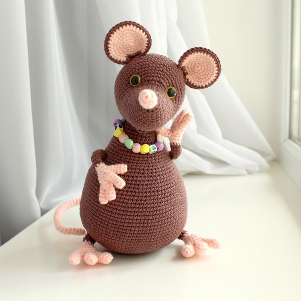 Brown crochet fat rat mouse toy, OOAK plush funny art rat, Rat stuffed toy