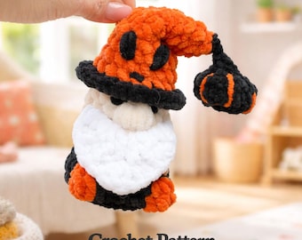 Halloween Pumpkin Crochet Gnome Pattern | No Sew Amigurumi Plush Keychain PDF