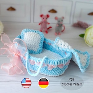 Patrón de cuna de crochet: Cuna amigurumi de peluche sin costura para muñecas de 7" a 18 cm