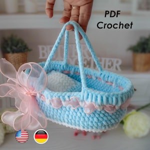 Häkeln Korb Wiege Träger Muster für Puppe - No Sew Amigurumi Stubenwagen Spielzeug - Plüsch häkeln Puppenbett für 18 cm Puppen