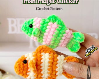 魚のかぎ針編みパターン フィジェットクリッカー PDF | ポケットハグ感覚玩具 | 縫わないあみぐるみ魚キーホルダー