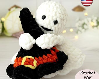 Crochet Ghost with Witch Hat Pattern, Halloween Amigurumi Plush PDF Tutorial