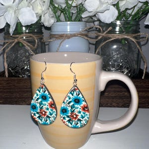 Turquoise Floral Wood Teardrop Earrings - Vibrant Summer Flower Dangle Earrings