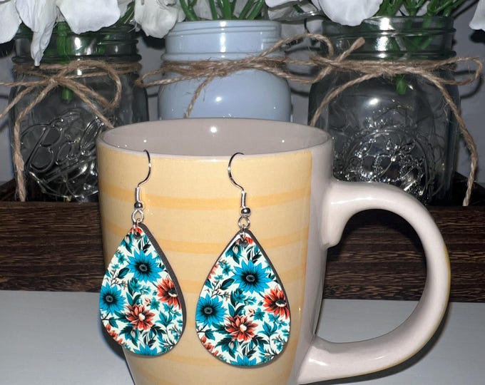 Turquoise Floral Wood Teardrop Earrings - Vibrant Summer Flower Dangle Earrings