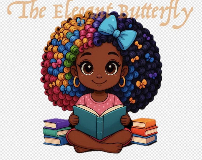 Rainbow Afro Girl Reading Sublimation Design – Cute African American Girl with Colorful Hair & Books, PNG for T-Shirts, Tumblers, Journals