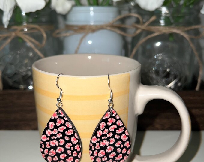Pink Floral Wood Teardrop Earrings - Handmade Lightweight Dangle Earrings