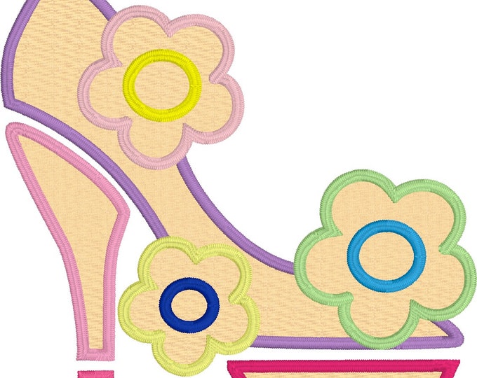 Embroidery Design of Shoe with Flowers Applique