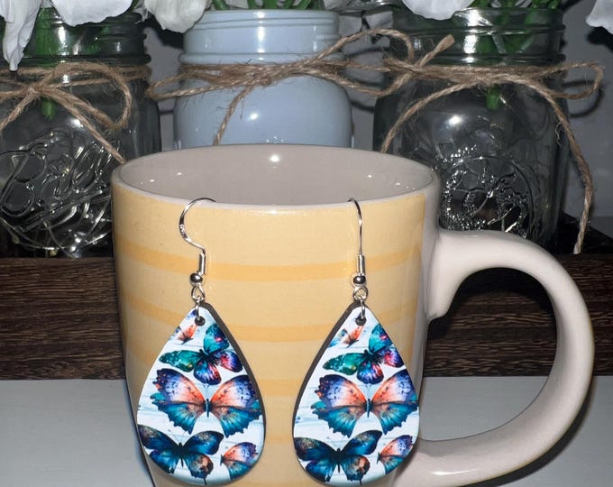 2.5" Lightweight Wood Teardrop Earrings-Vibrant Butterfly Wooden Teardrop Earrings - Colorful Nature-Inspired Dangle Earrings
