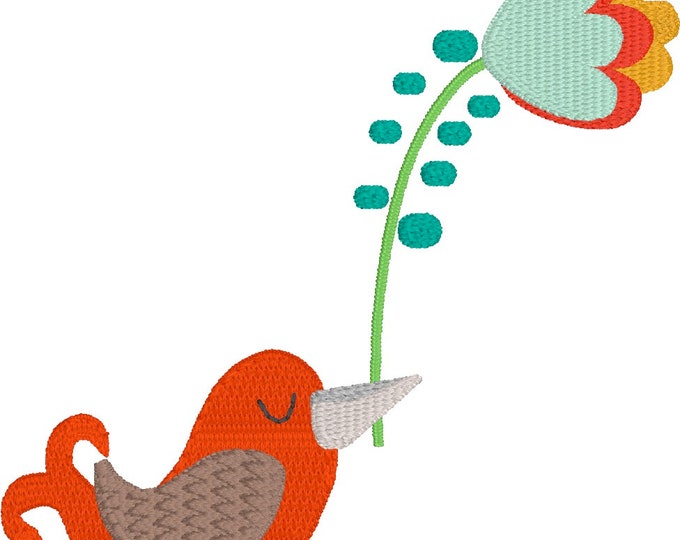 Embroidery Design of Little Bird with Flower