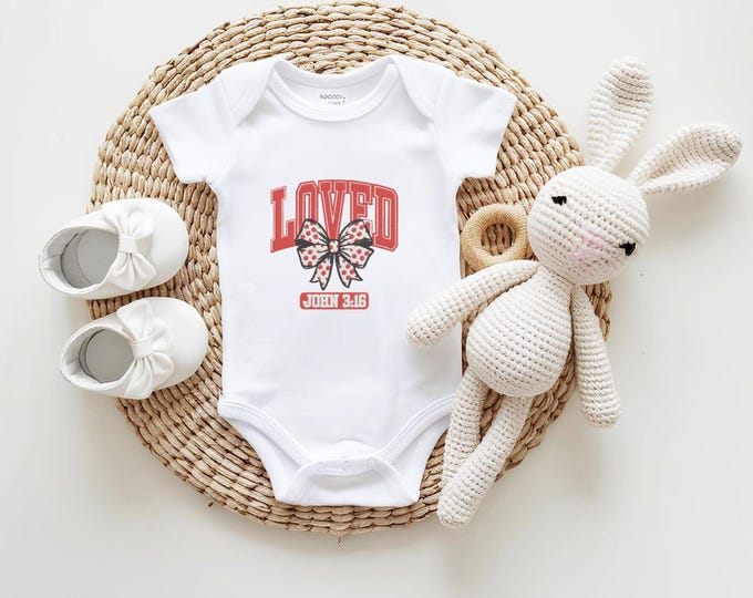 Christian Baby Girl Onesie – “Loved” John 3:16 Bible Verse – Faith-Based Newborn Outfit – Red Bow Baby Bodysuit – Religious Baby Gift