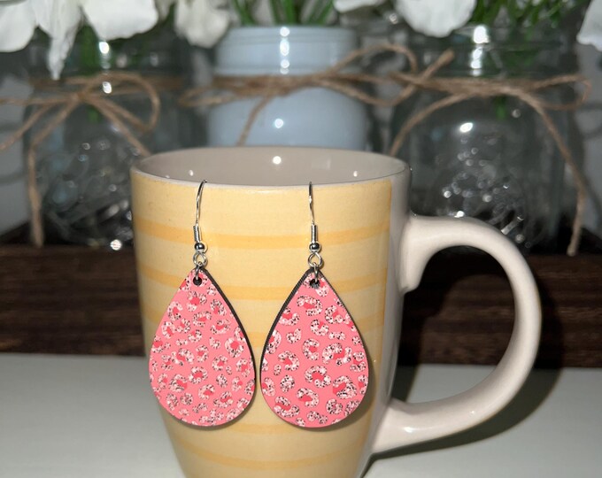 Pink Floral Wood Teardrop Earrings - Lightweight Spring Flower Dangle Earrings