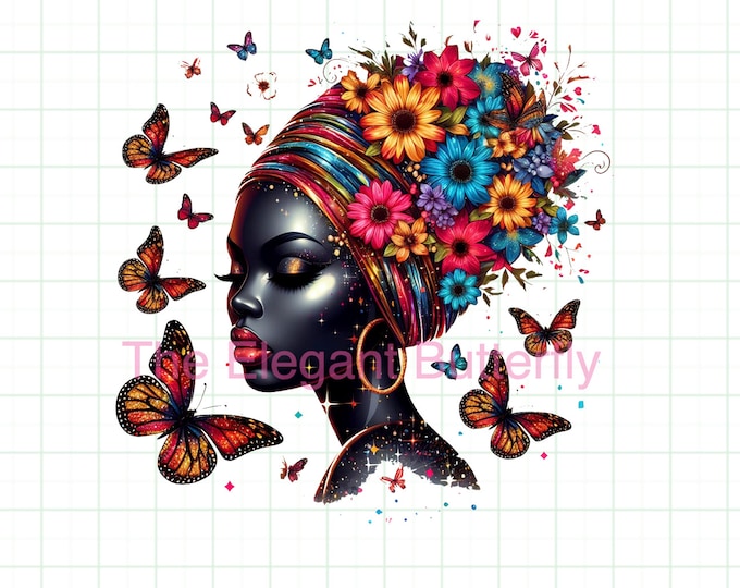 African American Black Woman with Flower Head Wrap and butterflies.