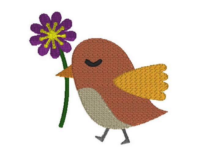Embroidery Design of Bird with Flower