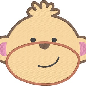 May include: A cartoon monkey face with brown hair, brown eyes, a brown nose, and pink ears. The monkey is smiling.