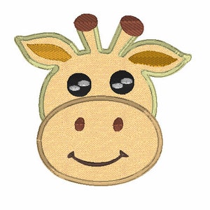 May include: A smiling cartoon giraffe face with brown spots and yellow ears. The giraffe has big black eyes and a brown nose.