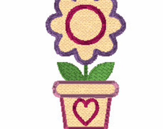 Embroidery Design of Colorful Flower Pot with Heart Applique two sizes 4x4 and 5x7
