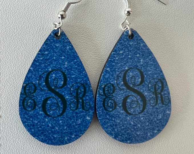 Custom Monogrammed Glitter Teardrop Earrings -" Personalized Wood Dangle Earrings"