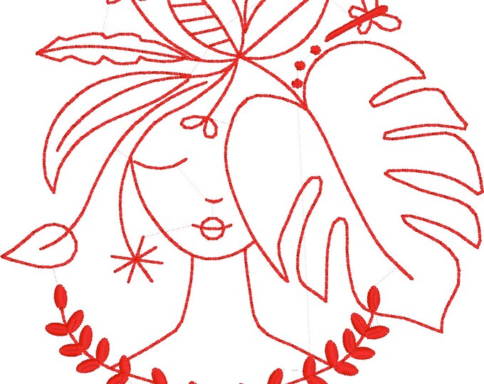 Embroidery Design of Lady in Leaf