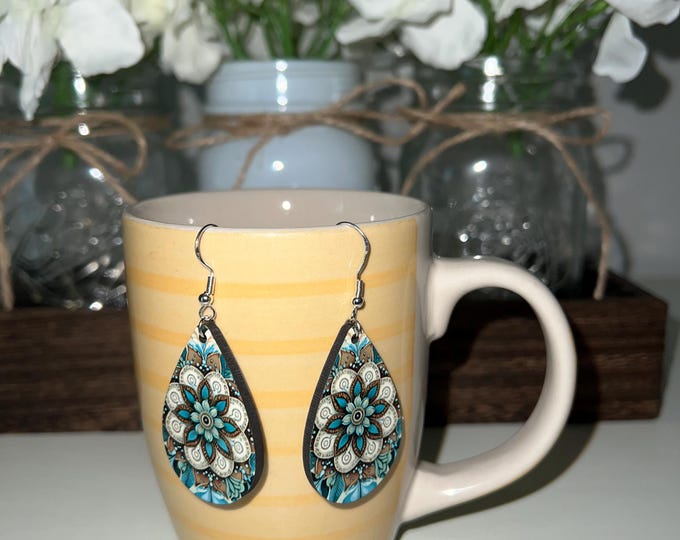 Bohemian Mandala Wood Teardrop Earrings - Handcrafted Artisan Dangle Earrings