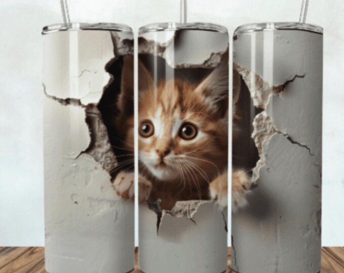 3D Cracked Wall Tumbler with Adorable Kitten Design - 20 oz Stainless Steel Insulated Tumbler with Lid and Straw