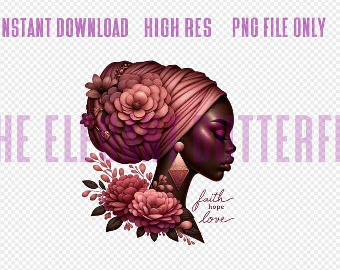 African American Black Woman with Flower Head Wrap Faith and Love