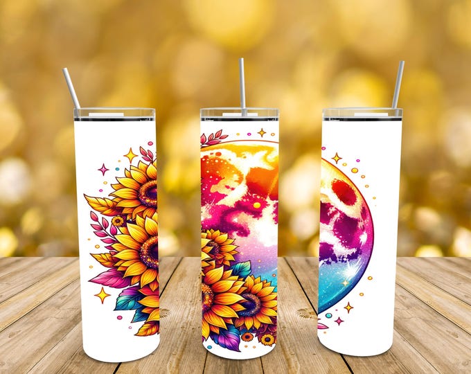 Boho Sunflower and Moon Tumbler - 20 oz Stainless Steel Insulated Cup with Colorful Cosmic Design