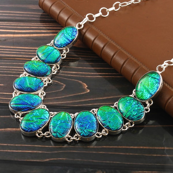 Green-Blue Flashy Dichoglass  Silver plated Necklace, Unique Designer Jewelry, Beautiful Jewelry