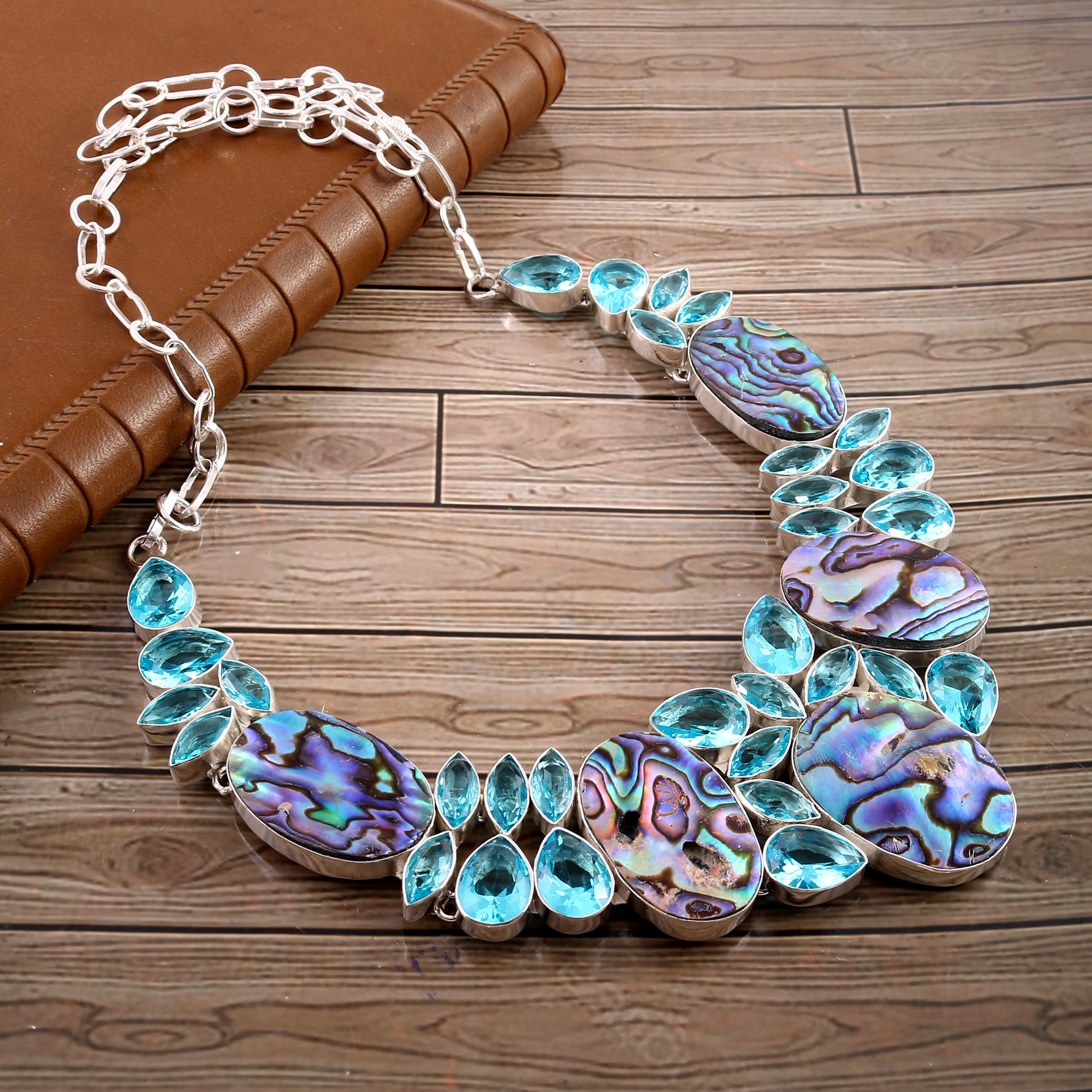 Beautiful Abalone Shell Blue Topaz 925 Silver plated Necklace, Unique Jewelry