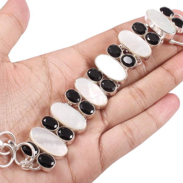 White Mother of Pearl Faceted Black Onyx Gemstone 925 Silver Plated Bracelet, MOP bracelet, Black and White Bracelet, Gemstone Bracelet