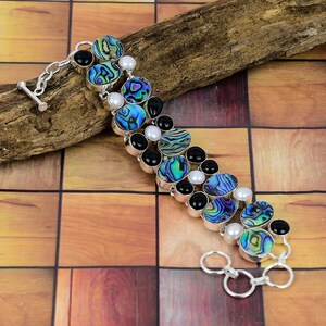 Abalone Shell Black Ony Pearl Pearl 925 Silver plated Bracelet, Natural Gemstone Jewelry, Unique Designer Jewelry