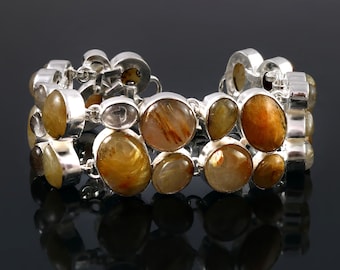 Natural Golden Rutile White Crystal 925 Silver Bracelet, Unique Designer Jewelry