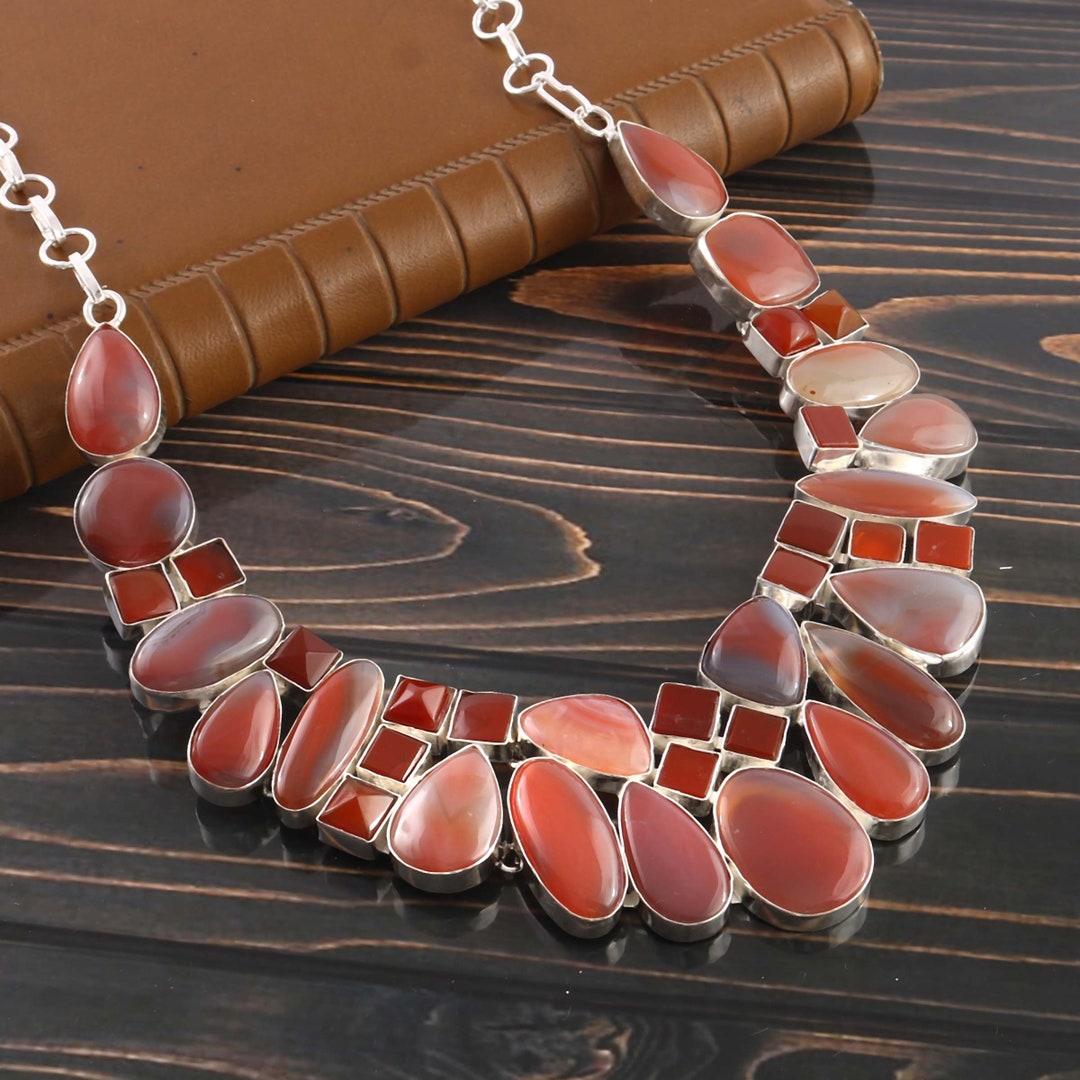 Collier Argent 925 Jaspe Cornaline Naturel - Fait Main, Longueur 20,5 Pouces (52 Cm), Pierre Orange Multicolore