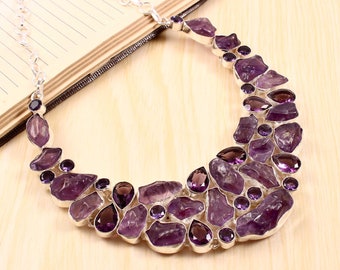 Raw Amethyst Faceted Amethyst Stunning Combination Silver plated Necklace , Unique Designer Jewelry