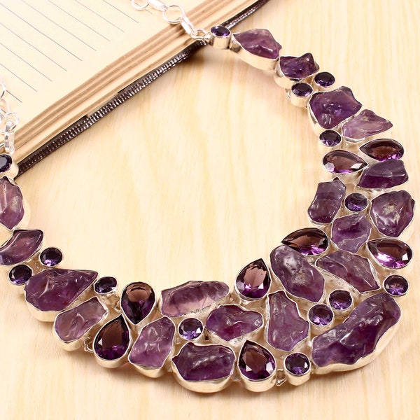 Raw Amethyst Faceted Amethyst Stunning Combination Silver plated Necklace , Unique Designer Jewelry