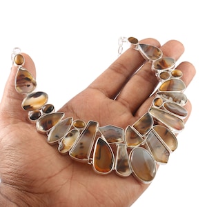 Natural Montana Agate Necklace: 925 Silver Plated Gemstone Jewelry