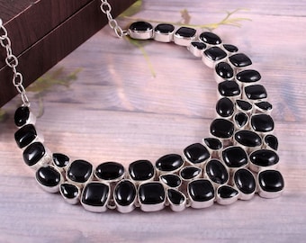 Black Onyx 925 Sterling Silver Plated Necklace, Fashion Jewelry