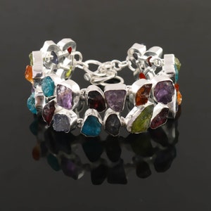 Natural Rough Raw Ruby Aquamarine Amethyst Iolite Peridot Multi-gems 925 Silver Bracelet , Unique Designer Jewelry