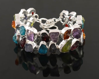 Natural Rough Raw Ruby Aquamarine Amethyst Iolite Peridot Multi-gems 925 Silver Bracelet , Unique Designer Jewelry