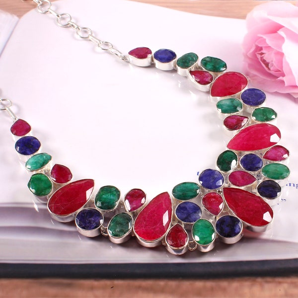 Ruby Emerald Sapphire Gemstone 925 Silver plated Necklace Jewelry, Unique Handcrafted Jewelry