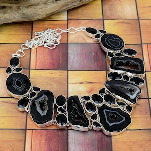 Black Window Slice Druzy Agate Black Onyx 925 Silver Plated Necklace, Designer Jewelry