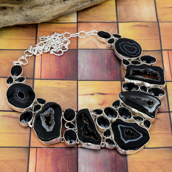 Black Window Slice Druzy Agate Black Onyx 925 Silver Plated Necklace, Designer Jewelry