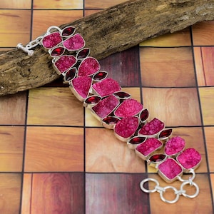 Handcrafted Pink Druzy & Red Topaz Bracelet - 925 Silver Plated