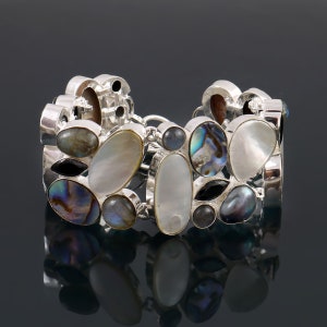Mother of Pearl Abalone Labradorite Bracelet: Black Onyx, Silver Plated