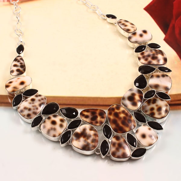 Leopard Shell Black Onyx 925 Silver Necklace, Unique Big Stone Jewelry