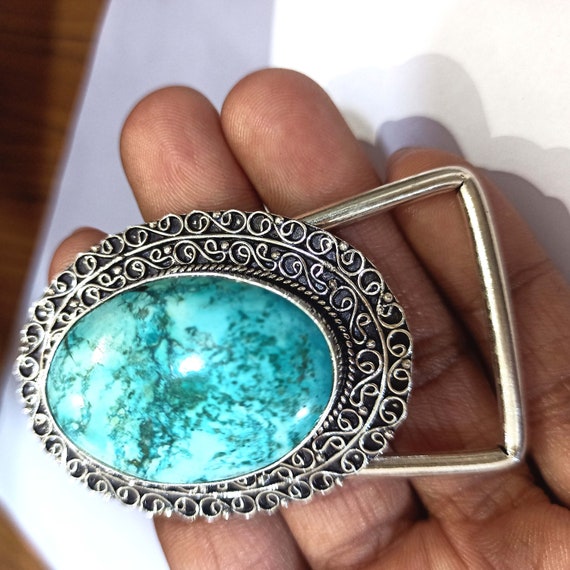 Handcrafted Turquoise Gemstone Belt Buckle: Vintage Filigree  display picture 2
