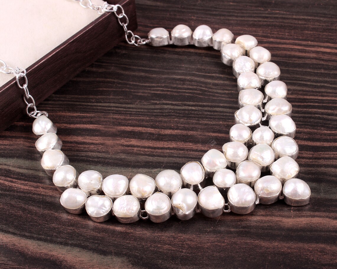 Beautiful Genuine Pearl Gemstone 925 Silver Necklace Jewelry Etsy