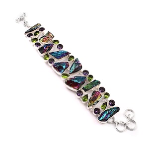 Rough Raw Colorful Titanium Druzy Green Topaz Purple Topaz 925 Silver plated Bracelet , Unique Designer Jewelry